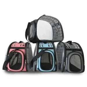 Detail view of foldable pet carrier bags in various colors with transparent bubble windows
