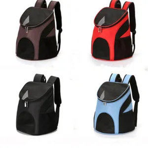 Four breathable pet carrier backpacks in different colors with mesh windows and zippers.