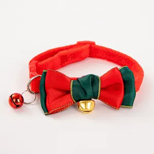 Festive Christmas pet collar with red green bowknot and golden bells for cats and small dogs