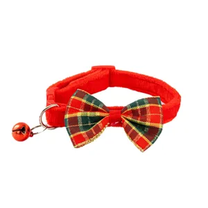 Red Christmas cat collar with plaid bow and bell decorative pet neck strap