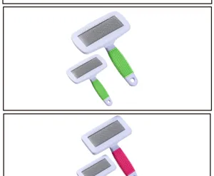 Close-up of pet slicker brushes with non-slip rubber handles in green and pink.