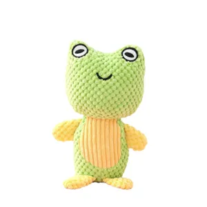 Green frog squeaky plush dog toy with durable textured fabric for puppy dental care