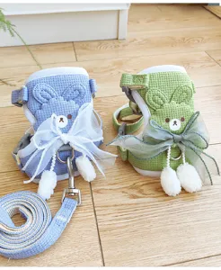 Cute rabbit design waffle fabric dog harness and leash set with tulle bow for small pets