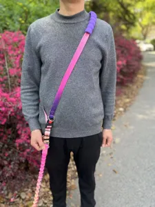 Guinzaglio a tracolla a mani libere per cani con elastico bungee e sfumatura rosa-viola.
