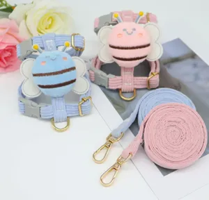 Pastel corduroy pet harness and leash set featuring cute plush bee decorations for cats