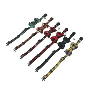 Set of six adjustable British plaid pet collars with cute bowties and small bells