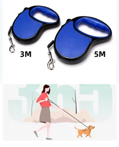 Retractable dog leash comparison showing 3M and 5M lengths with usage illustration