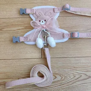 Pink pet harness and leash set with cute bear design and bow for small dogs