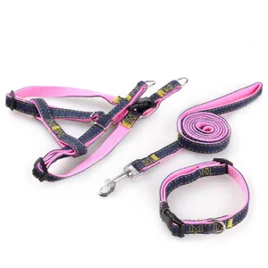 Juego de arnés correa y collar para perro de mezclilla duradera y nylon rosa para perros