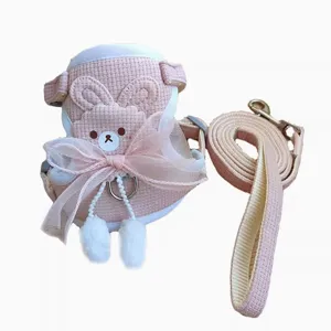 Pink rabbit themed pet harness and leash set with waffle texture and tulle bow