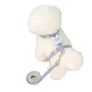 Adjustable purple pet harness and leash set featuring a cute blue rabbit plush decoration
