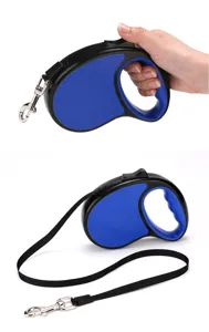 Blue and black retractable dog leash with ergonomic handle and durable metal hook
