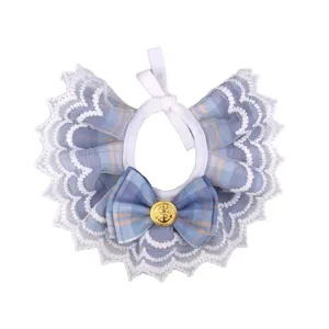 Cute blue plaid pet bib with lace trim, elegant princess style bow collar for cats and dogs.