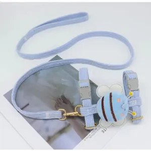 Light blue corduroy pet harness and leash set with cute plush bee decoration
