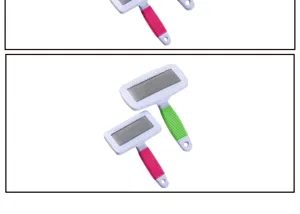 Detailed view of pet slicker brushes with pink and green threaded handles