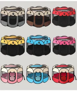 Foldable octagonal pet playpen available in nine vibrant color combinations for dogs and cats