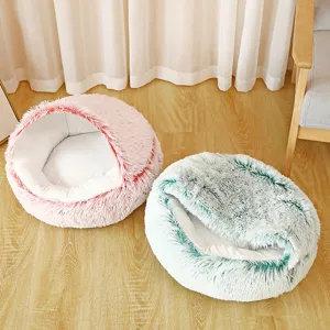 Two cozy plush shell-shaped pet beds for cats and dogs featuring long faux fur material