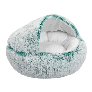 Soft plush semi-enclosed shell pet bed with warm faux fur for cats and small dogs
