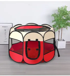 Large red and beige octagonal pet playpen made of durable Oxford cloth with mesh windows.