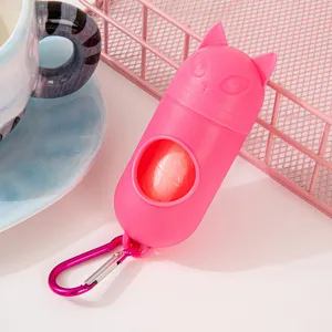 Distributeur de sacs à déjections de chien mignon tête de chat rose avec mousqueton portable