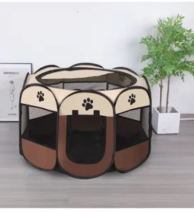 Octagonal pet playpen tent in brown and beige colors displayed in a modern home interior