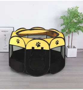 Yellow and black foldable octagonal pet playpen with mesh panels in a modern living room