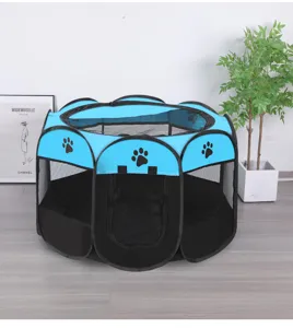 Octagonal foldable pet playpen with blue oxford cloth top and breathable mesh panels
