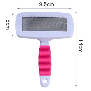 Pet slicker brush with pink threaded handle and dimensions 14x9.5x5cm