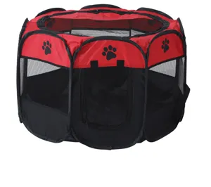 Detailed view of the red and black foldable octagonal pet playpen with mesh windows