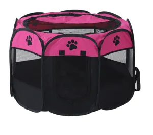 Foldable octagonal pet playpen in pink Oxford cloth featuring breathable mesh panels for cats