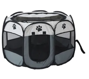 Detailed view of the octagonal foldable pet playpen with mesh windows and door