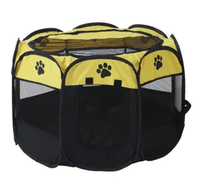 Portable foldable yellow and black octagonal pet playpen with paw prints design detail