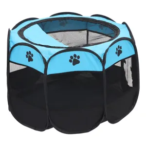 Side view of foldable octagonal pet playpen showing mesh panels and paw prints