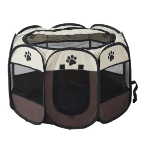Portable foldable octagonal pet playpen with breathable mesh panels and cute paw prints