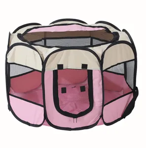 Foldable pink and beige octagonal pet playpen with breathable mesh panels for small animals