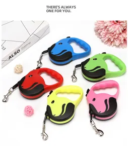 Automatic retractable dog leash available in five colors with unique dog head design