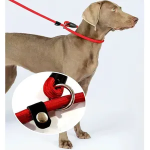Durable red integrated slip lead dog leash featuring leather stopper and metal ring detail