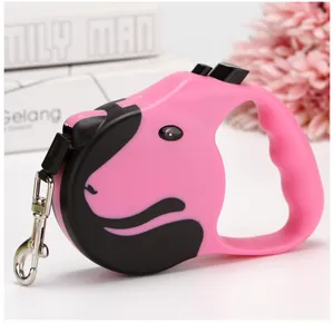 Detailed view of the pink and black retractable dog leash featuring a cute bull terrier design