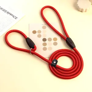 Close-up of a durable red braided rope slip lead for dogs presented in a stylish setting