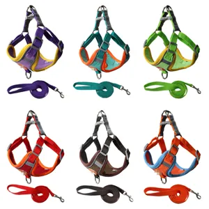 Reflective suede dog harness and leash set collection in six colors for walking and safety.