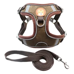 Close-up of brown suede pet harness with reflective trim and matching leash set