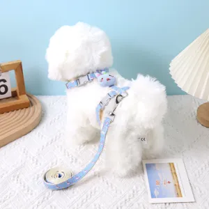 Close-up detail of a light blue floral pet harness and leash set with cute bunny decoration