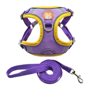 Soft purple suede dog harness and leash set with reflective strips for safety