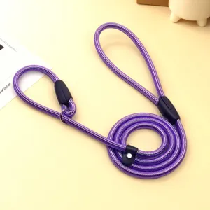 Durable purple braided nylon climbing rope P-chain dog leash with integrated slip lead design