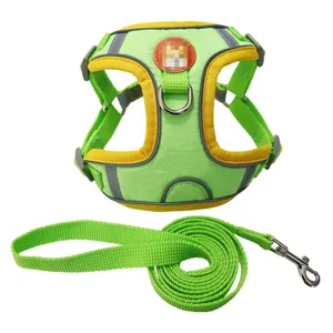 Detailed view of the lime green suede reflective pet harness and leash set