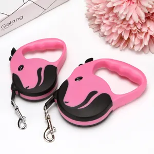 Pink automatic retractable pet leash with ergonomic handle and bull terrier design
