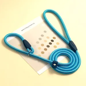 Detailed view of the durable bright blue braided P-leash showing the rope texture