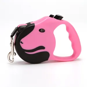 Pink and black automatic retractable dog leash featuring a cute stylized dog head design
