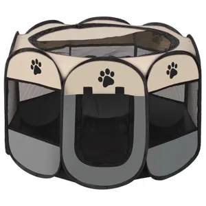Portable foldable octagonal pet playpen tent with mesh panels and paw prints