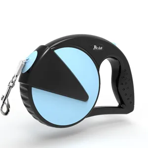 Laisse rétractable pour chien bleue et noire avec mécanisme de verrouillage et clip